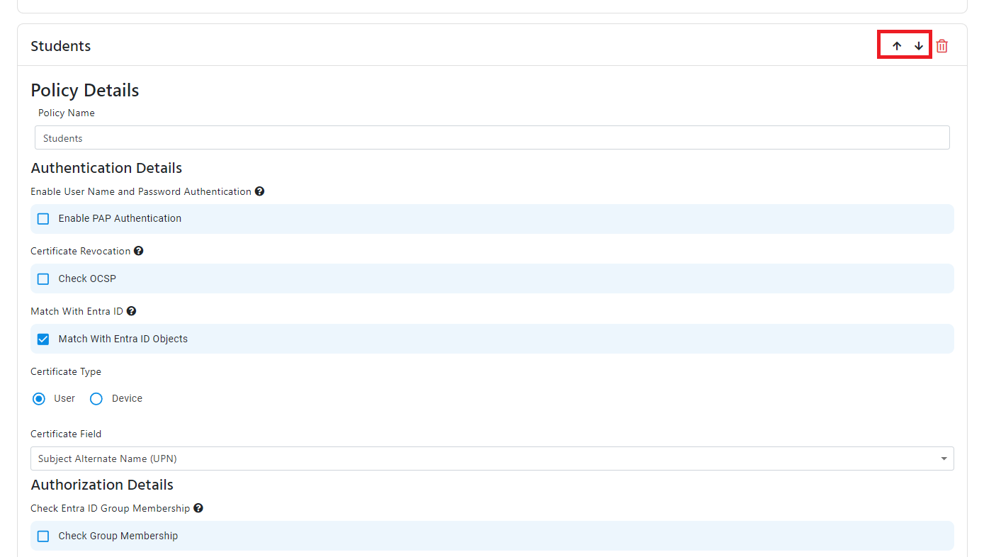 EZRADIUS Cloud RADIUS access policy list showing up and down arrow buttons to reorder policy priority