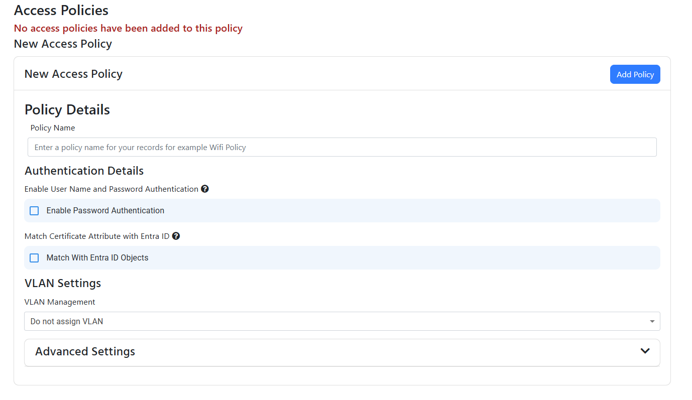 EZRADIUS Cloud RADIUS Access Policies section showing 'No access policies have been added' message with New Access Policy form below