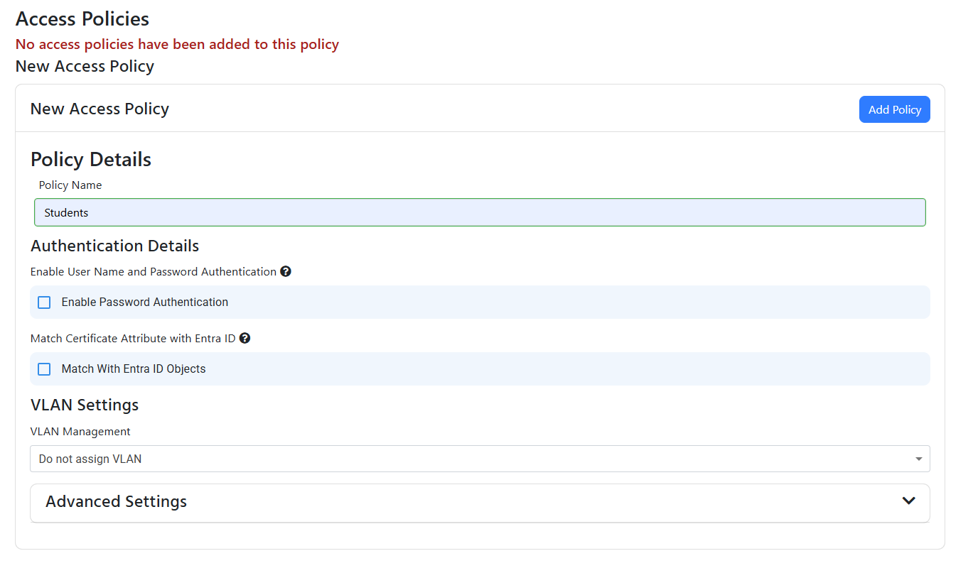 EZRADIUS Cloud RADIUS New Access Policy form with Policy Name field filled in as 'Students'