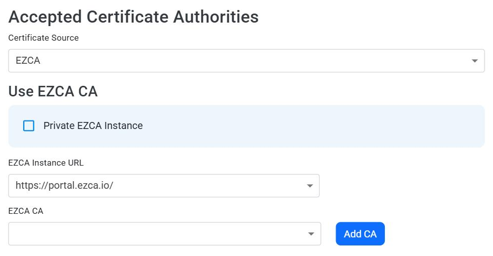 Keytos Shield RADIUS network policy Accepted Certificate Authorities section with EZCA selected as the certificate source, the EZCA instance URL, and the Add CA button