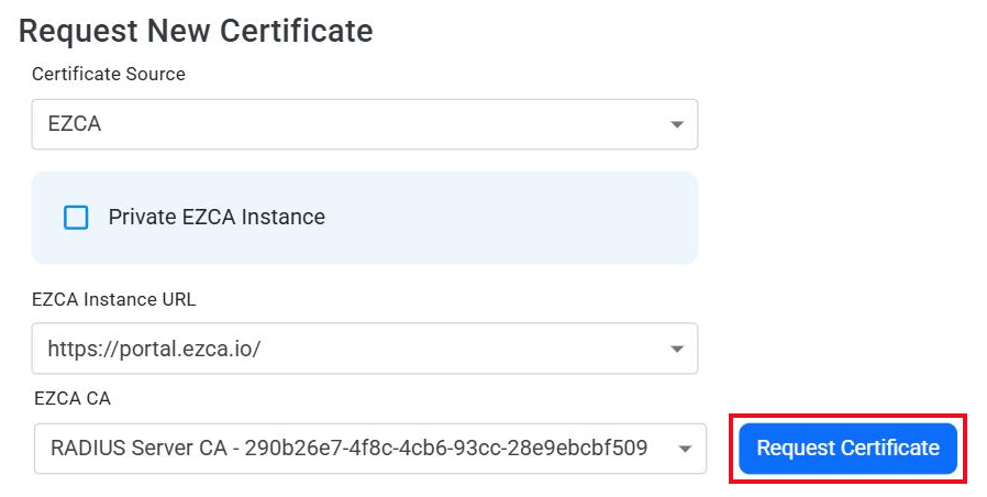 EZRADIUS RADIUS network policy requesting a RADIUS server certificate from an EZCA CA with the Request Certificate button