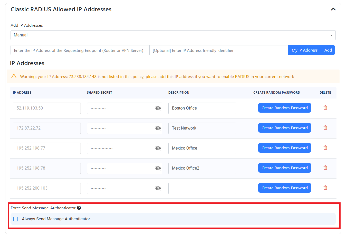 EZRADIUS Cloud RADIUS Classic RADIUS allowed IP addresses table with Always Send Message Authenticator checkbox highlighted