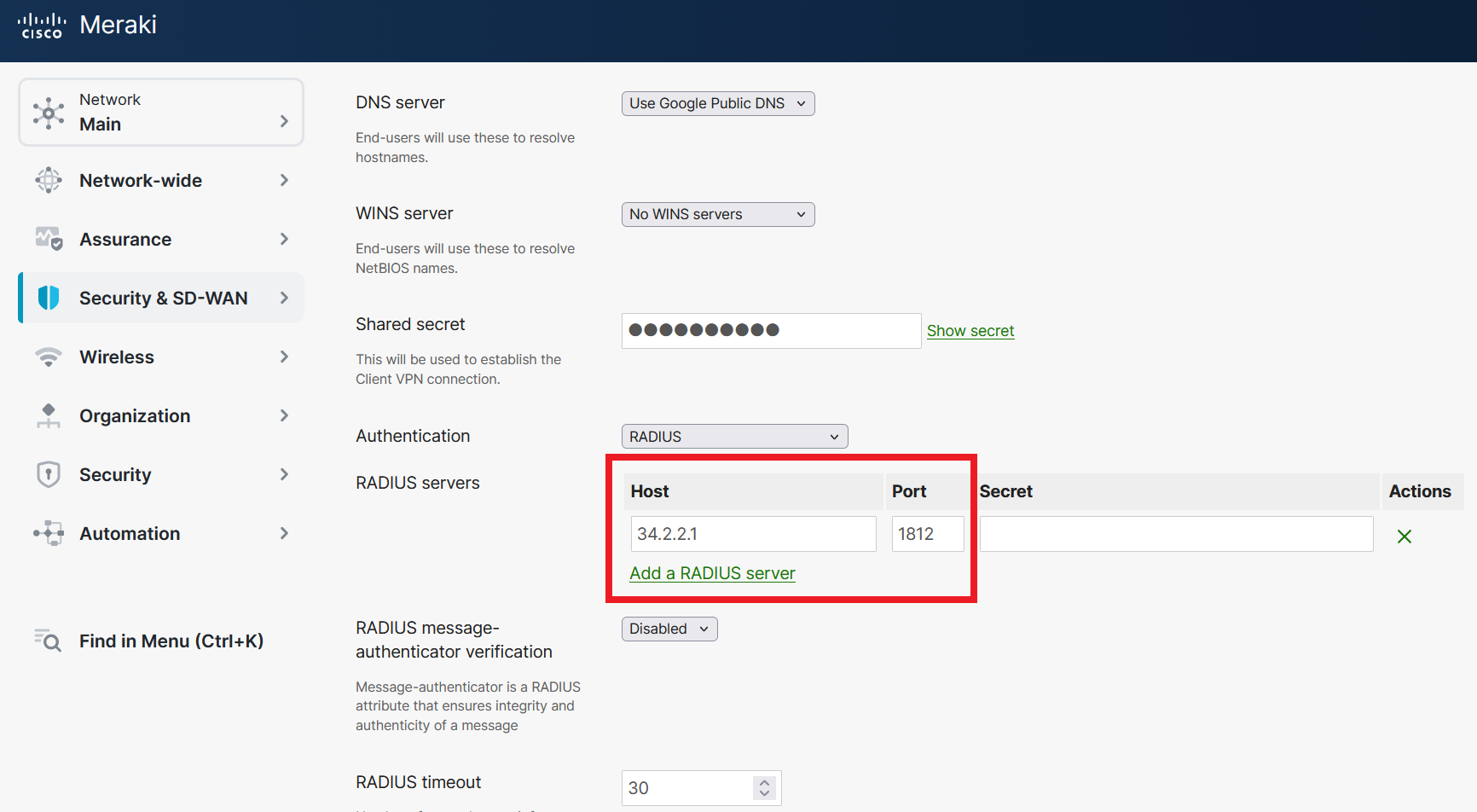 How to Setup Cloud RADIUS Profile in Meraki VPN