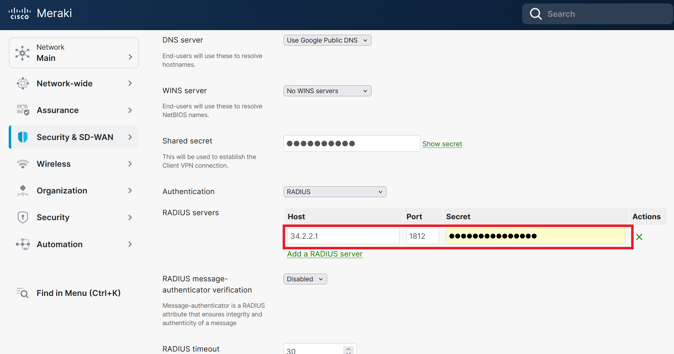 How to Setup Cloud RADIUS Profile in Meraki VPN