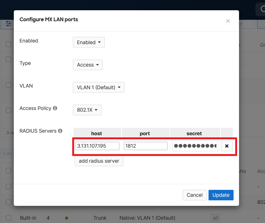 How to setup RADIUS authentication for specific wired port in Meraki network