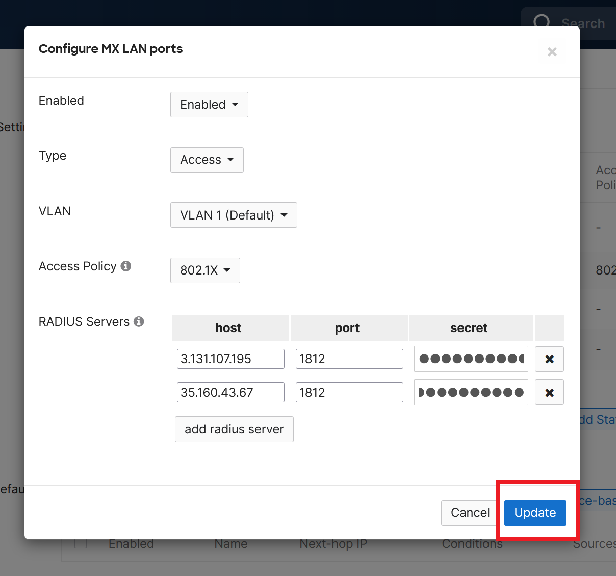 How to setup RADIUS authentication for specific wired port in Meraki network