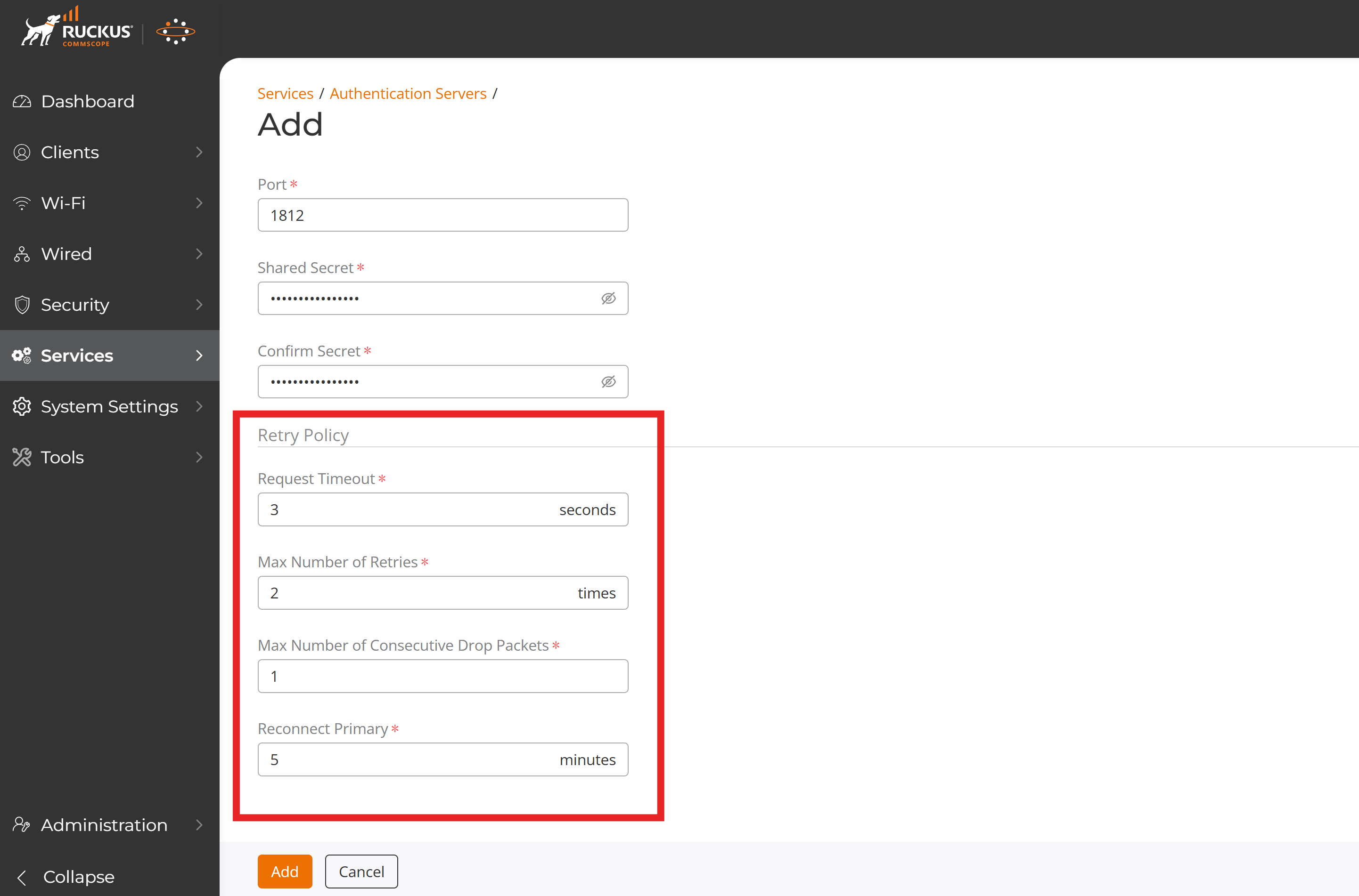 Ruckus Unleashed RADIUS Retry Policy Settings