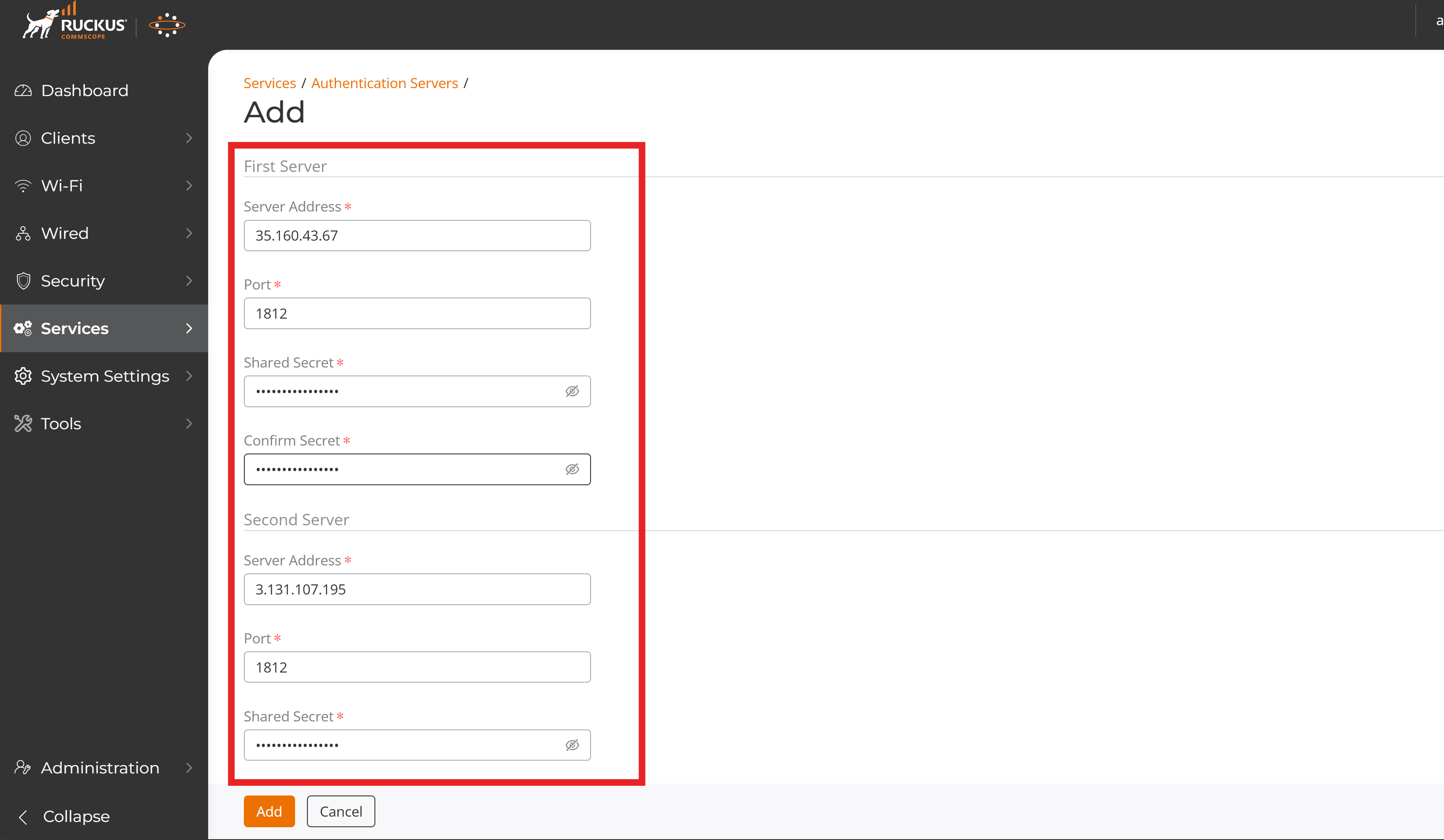 Ruckus Unleashed RADIUS Server Details Form