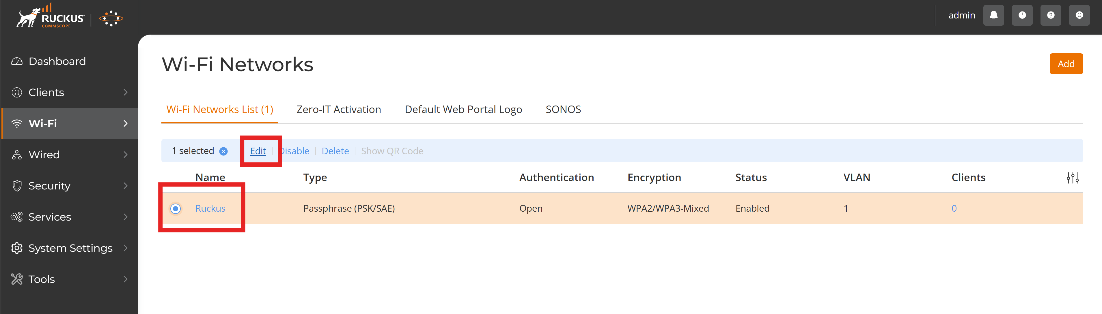 Ruckus Unleashed Wi-Fi Networks List with Edit button highlighted
