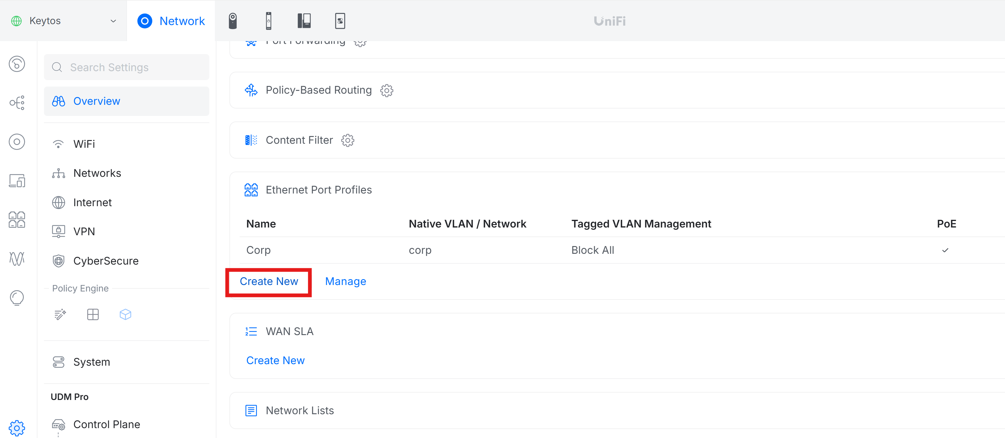 How to create a new Ethernet Port Profile in UniFi for Keytos Shield cloud RADIUS