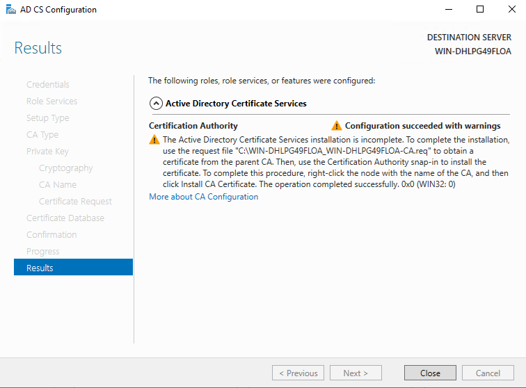 ADCS CA Configure Results