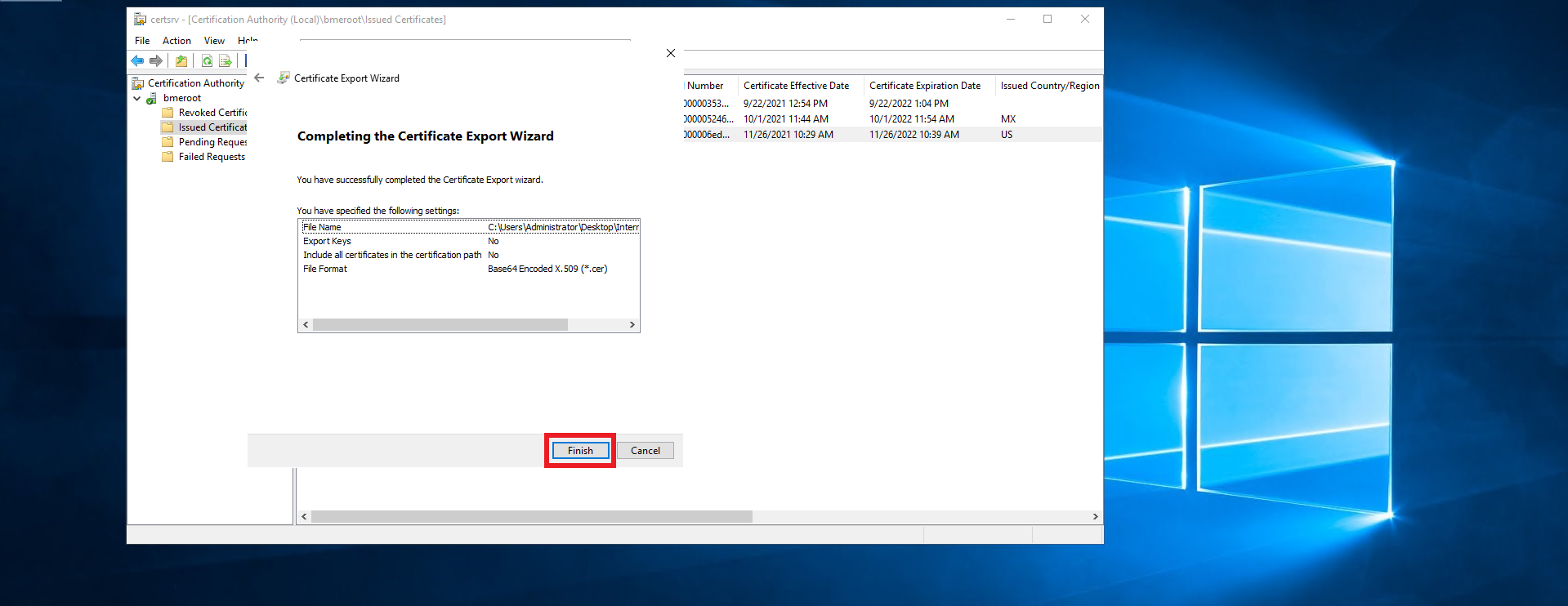 Finish the certificate exportation in windows