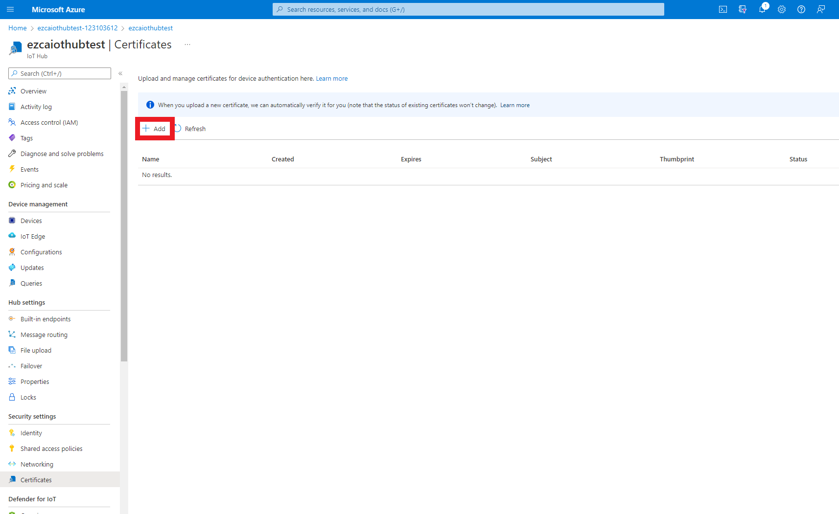 Add CA Certificate Azure IoT Hub