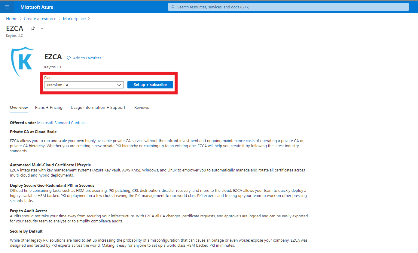 Select your Azure PKI Plan
