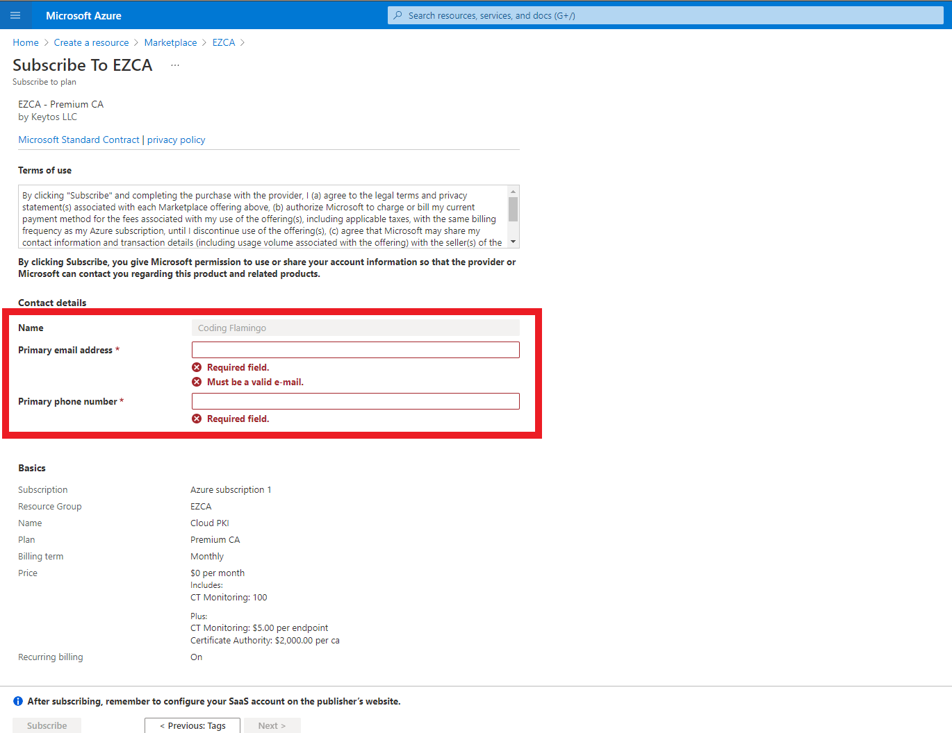 Enter details for Azure Certificate Authority