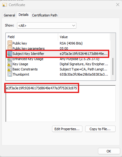 Certificate details showing the Subject Key Identifier field which is the value needed to renew all certificates from a CA