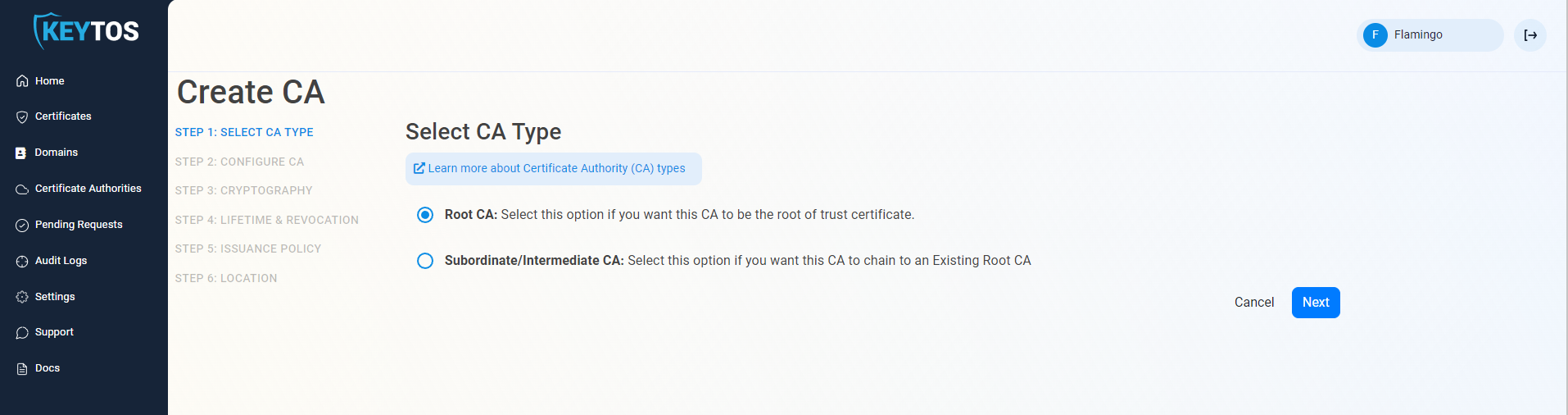 Select CA Root Type