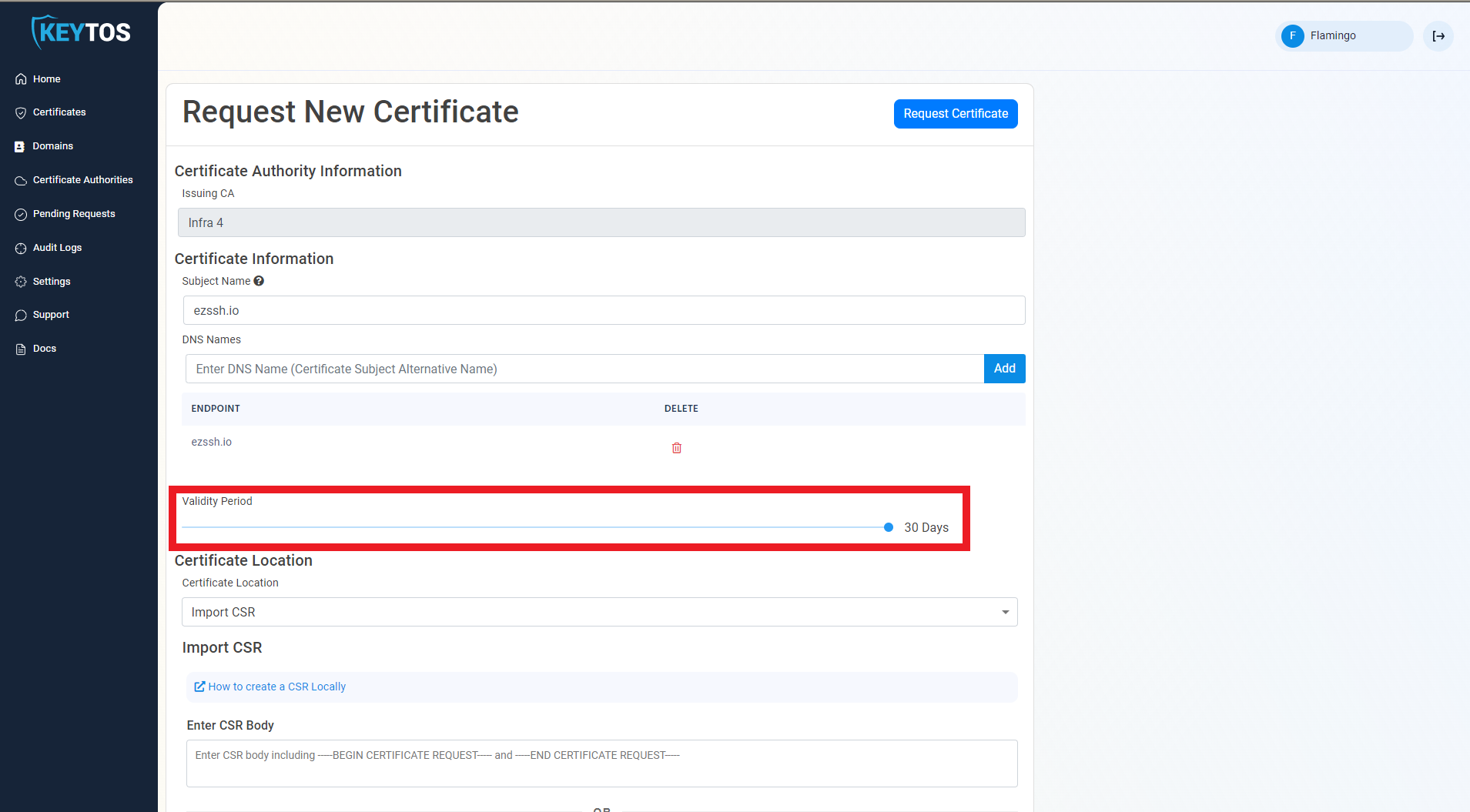 Set SSL Certificate validity period