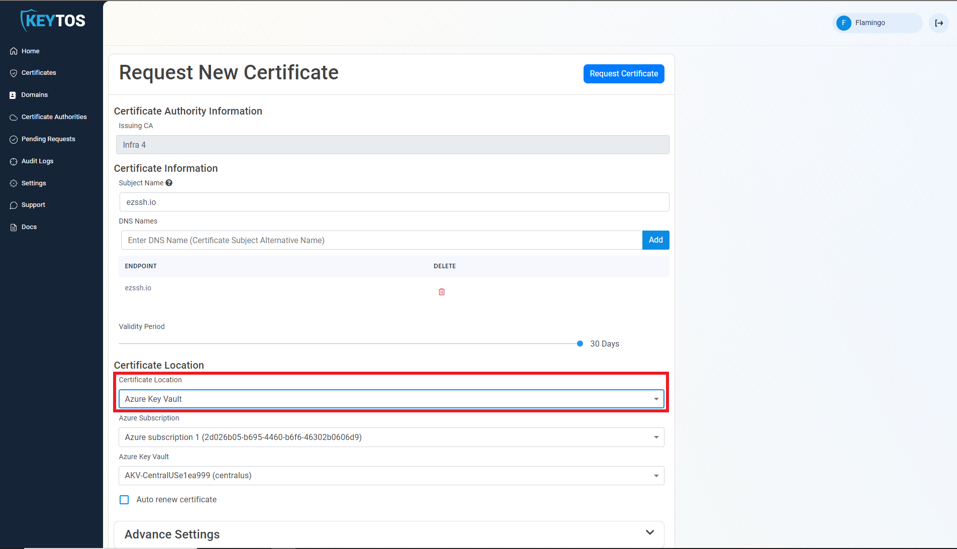 set the certificate to Azure Key Vault