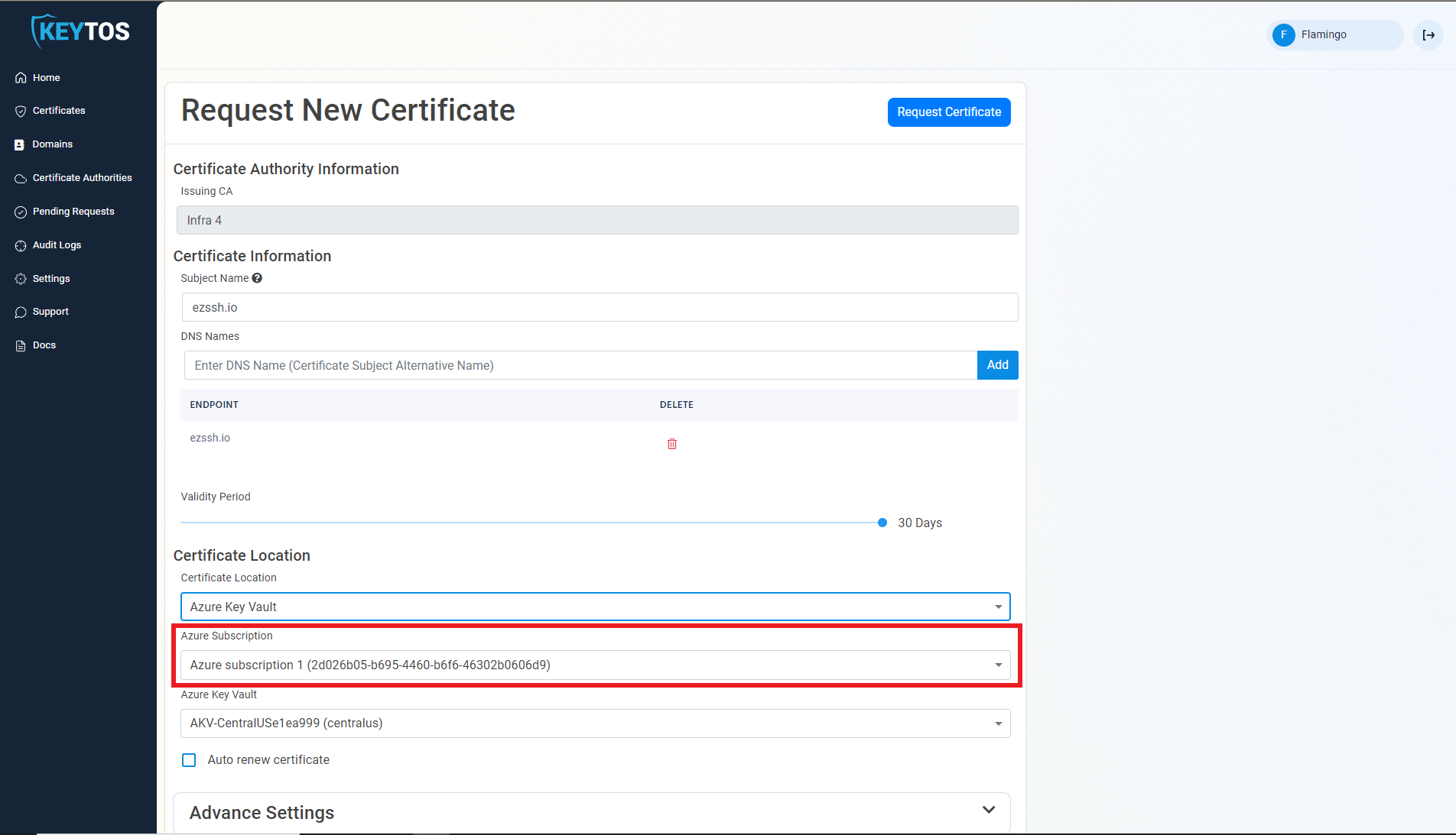 select the azure subscription where you want to store the certificate