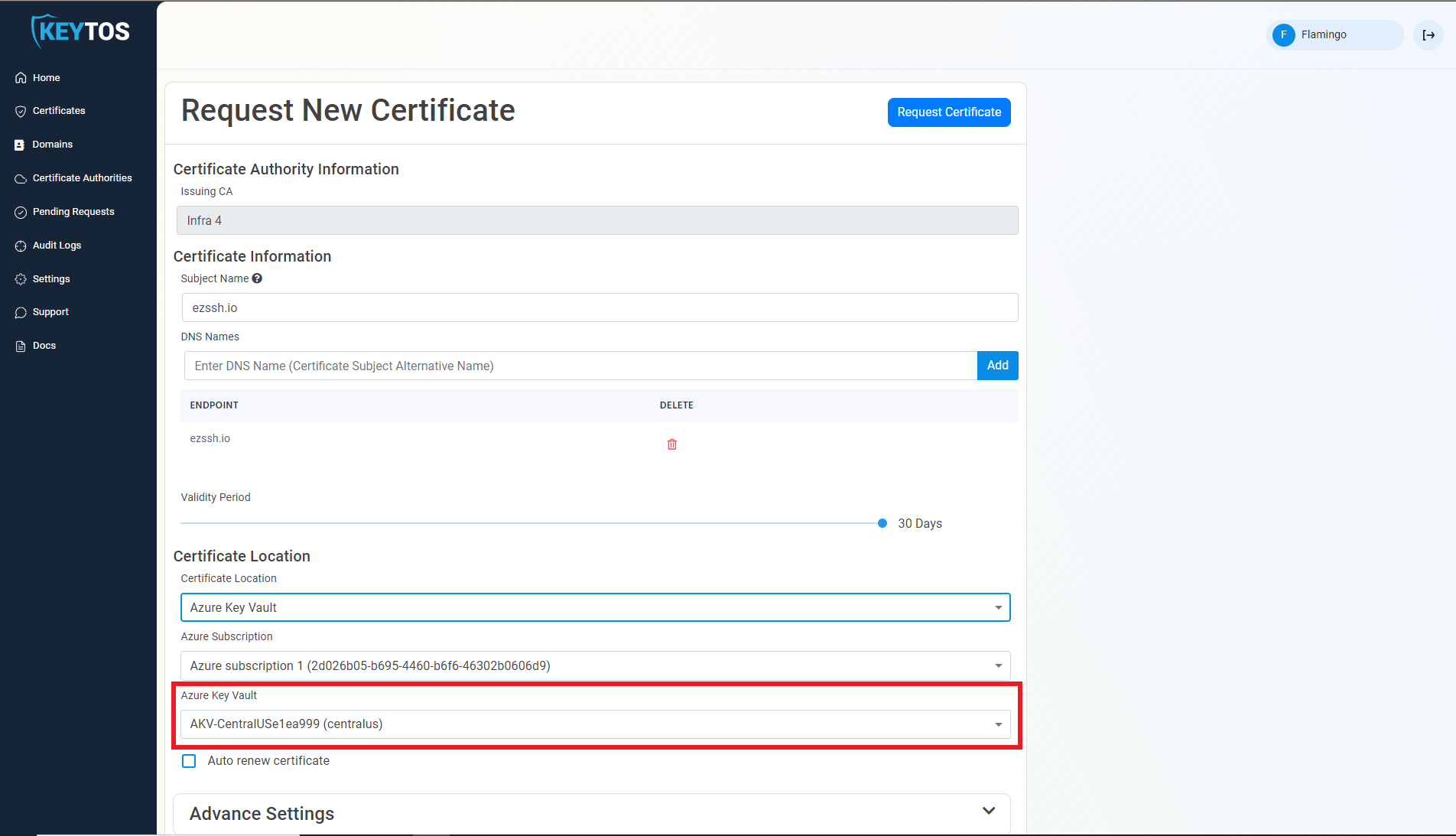 select the AKV where you want to store the certificate