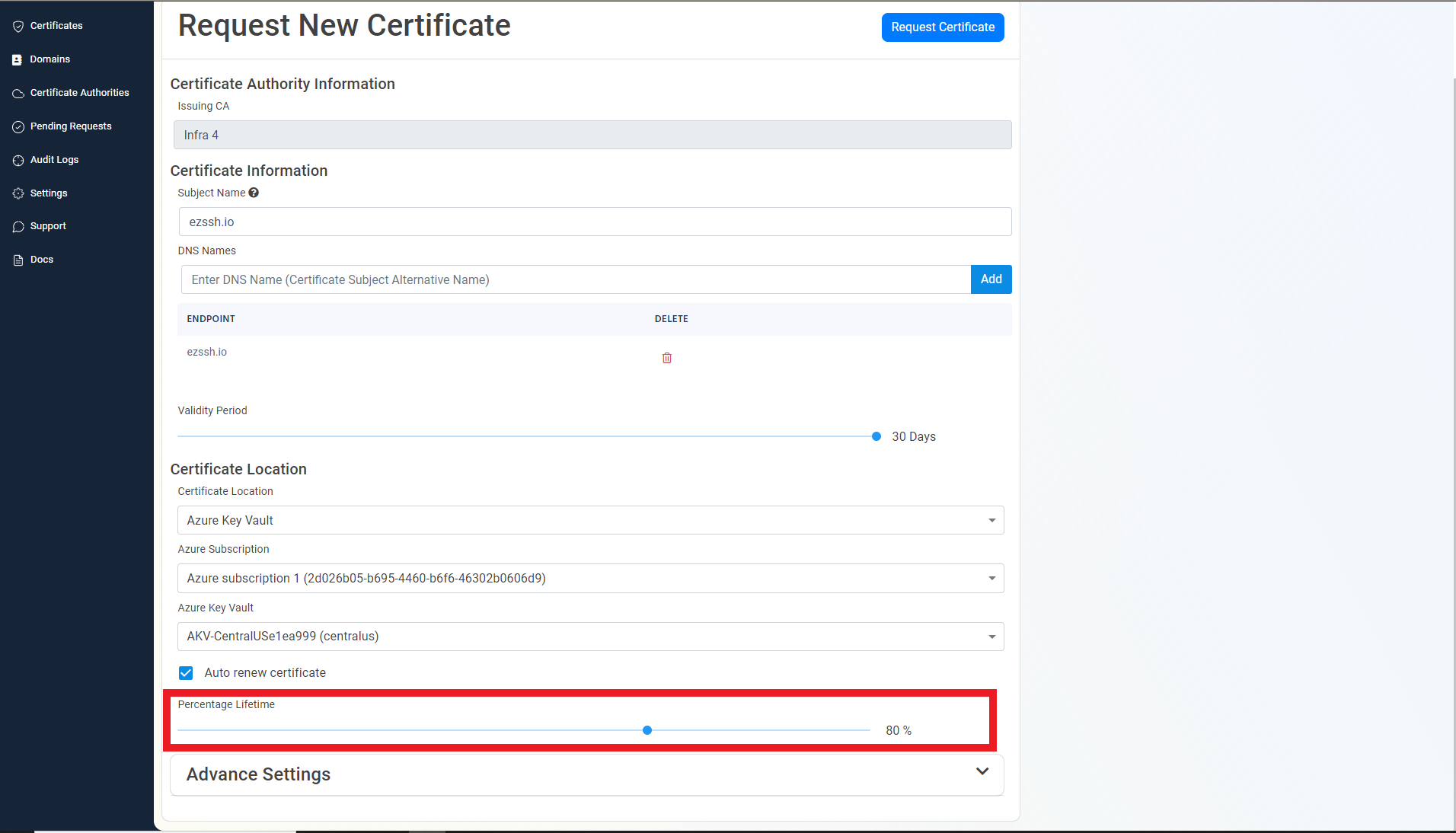 set certificate renewal threshold