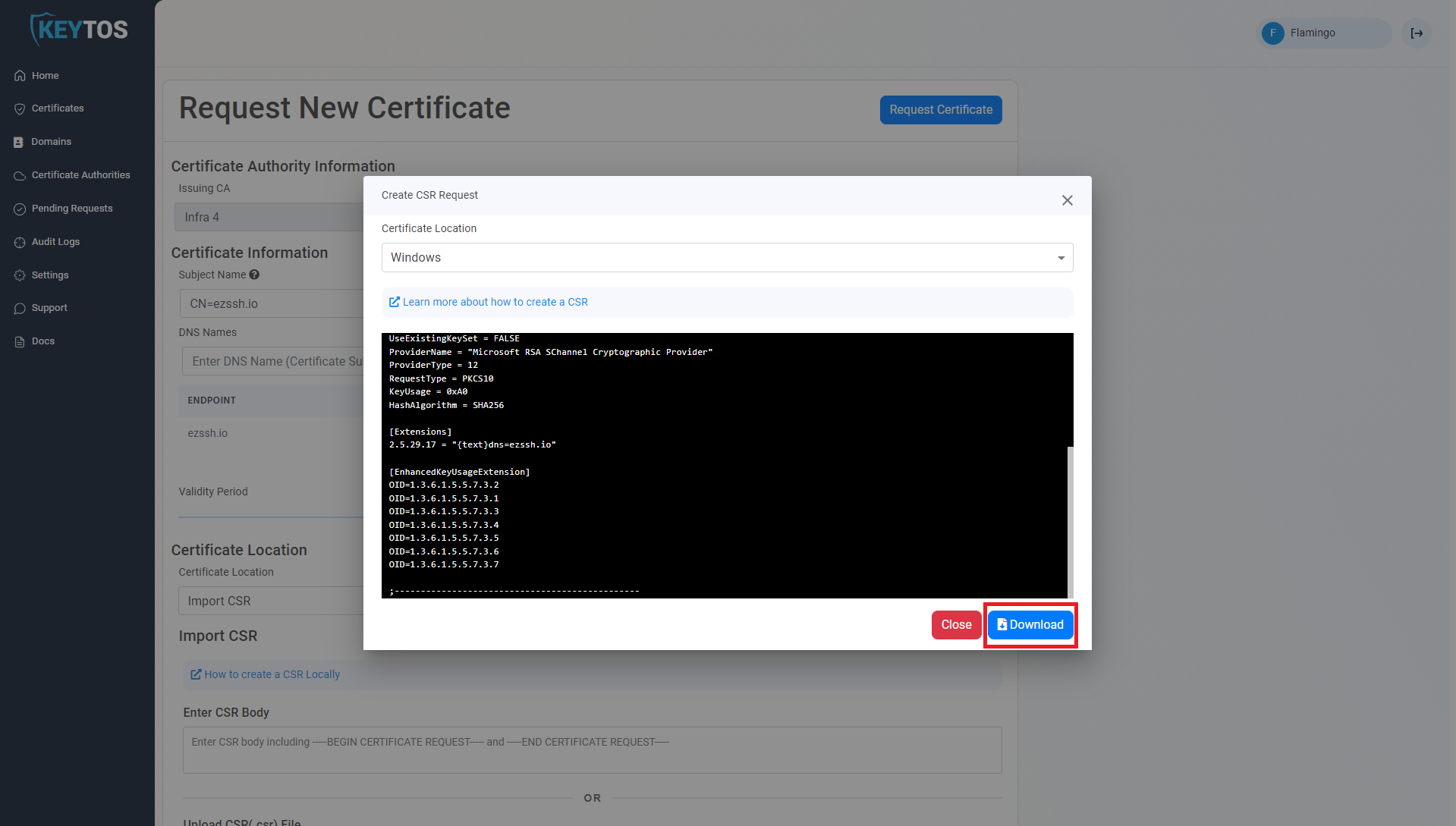 Download the inf file to create your certificate signing request