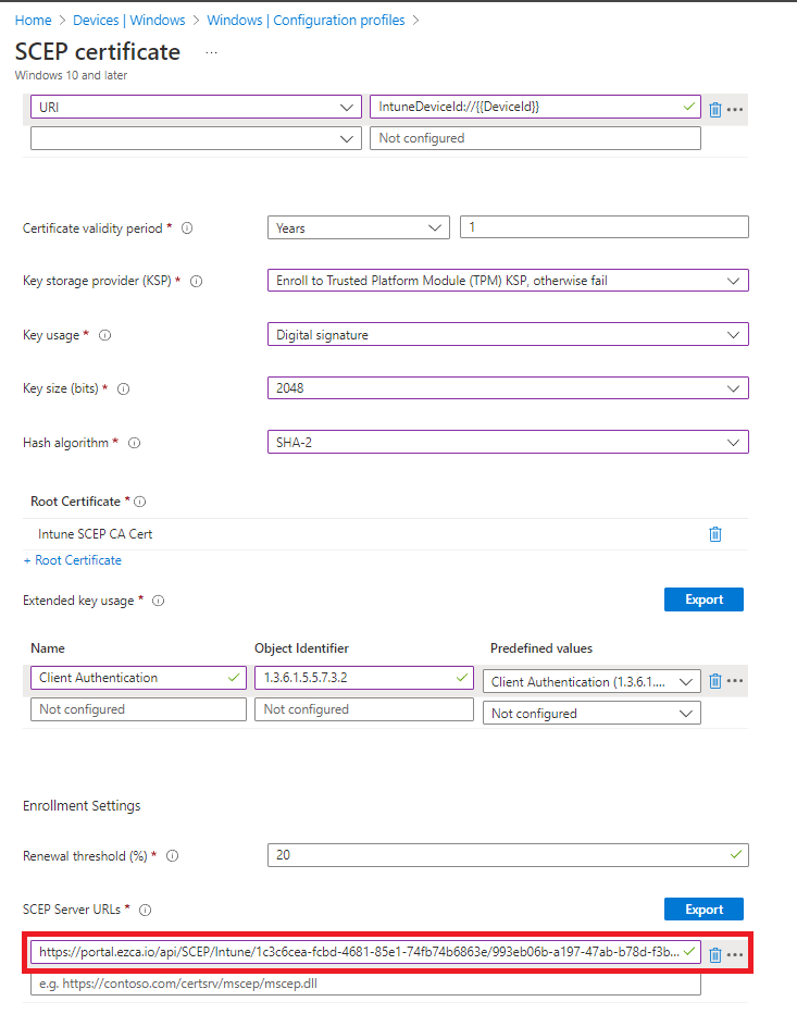 Add SCEP Server URL to Intune Windows Device