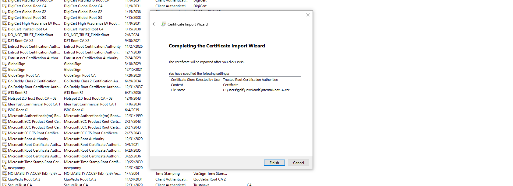 Finish Root Certificate import