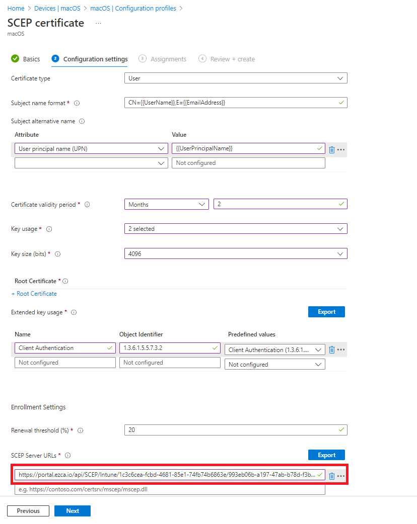 Add SCEP Server URL to Intune Mac Device