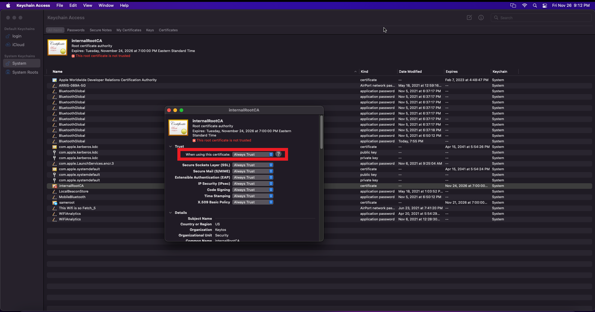 Trust Certificate in MacOS