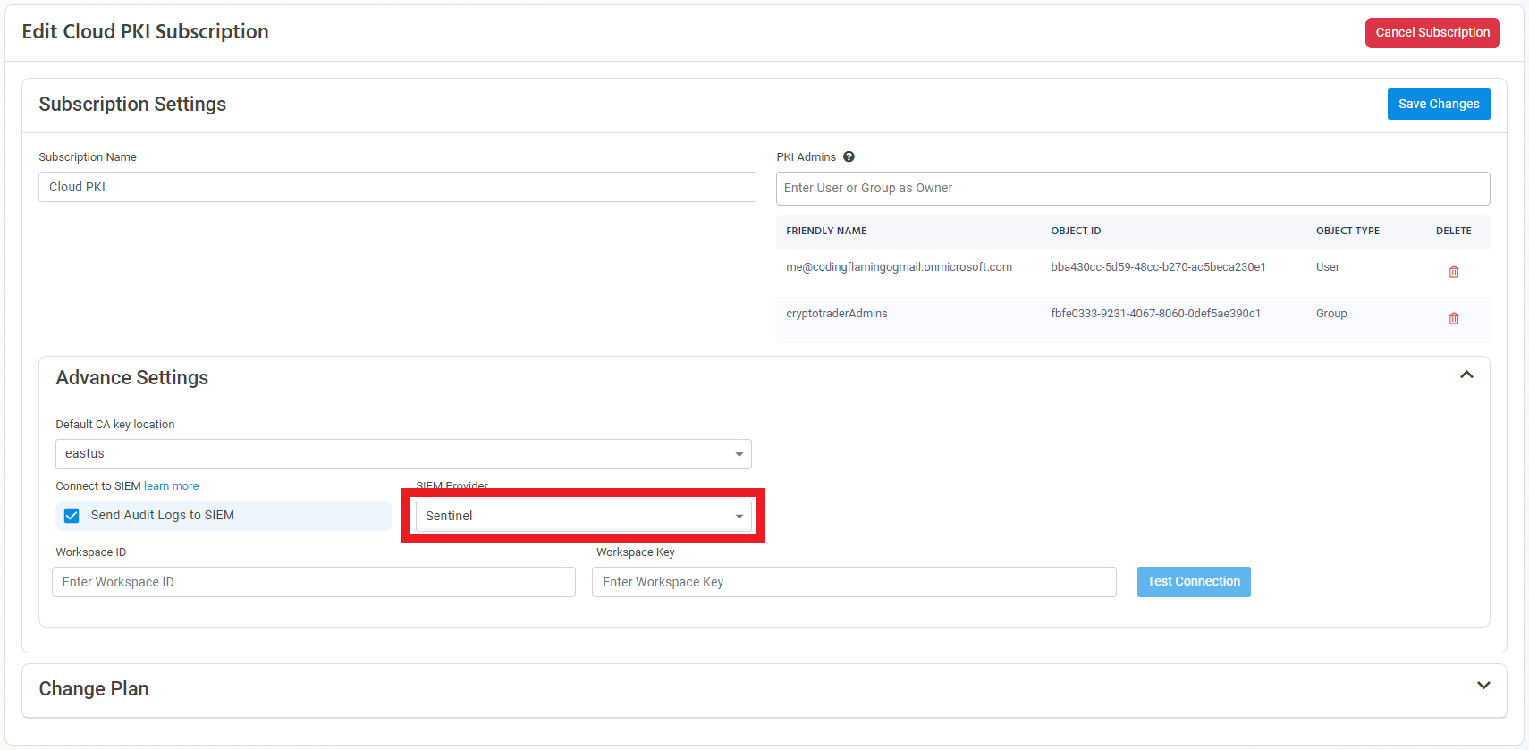 Set Sentinel as the SIEM in EZCA