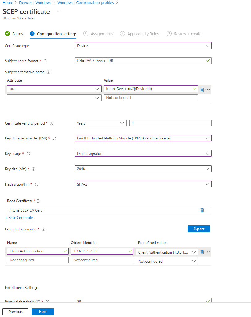 Create Windows SCEP Device Certificate Profile in Intune