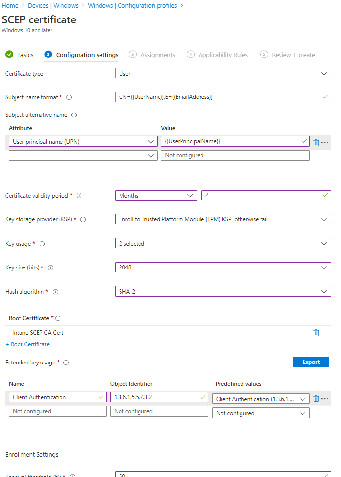 Create Windows SCEP User Certificate Profile in Intune