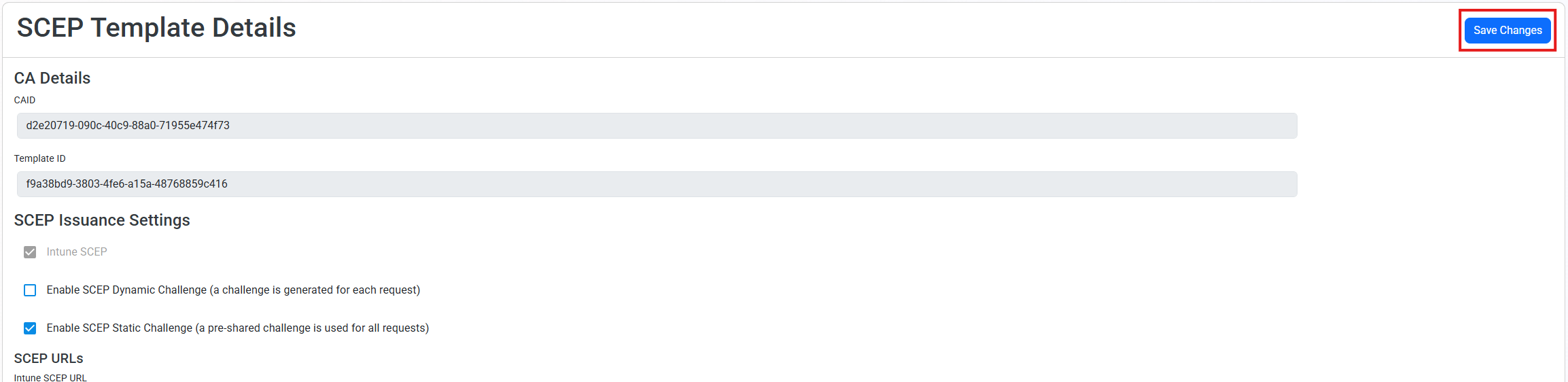 Cloud CA Advanced Settings card showing Save button at the top of the page