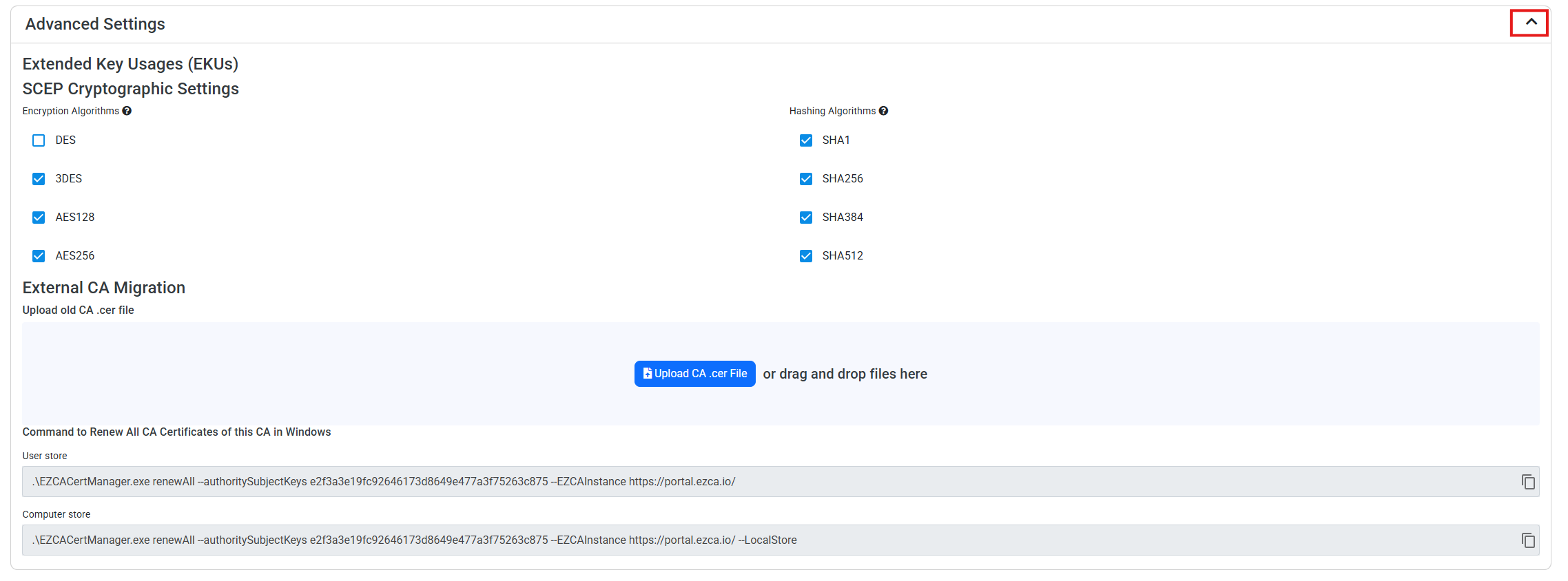 Cloud CA Advanced Settings card expanded