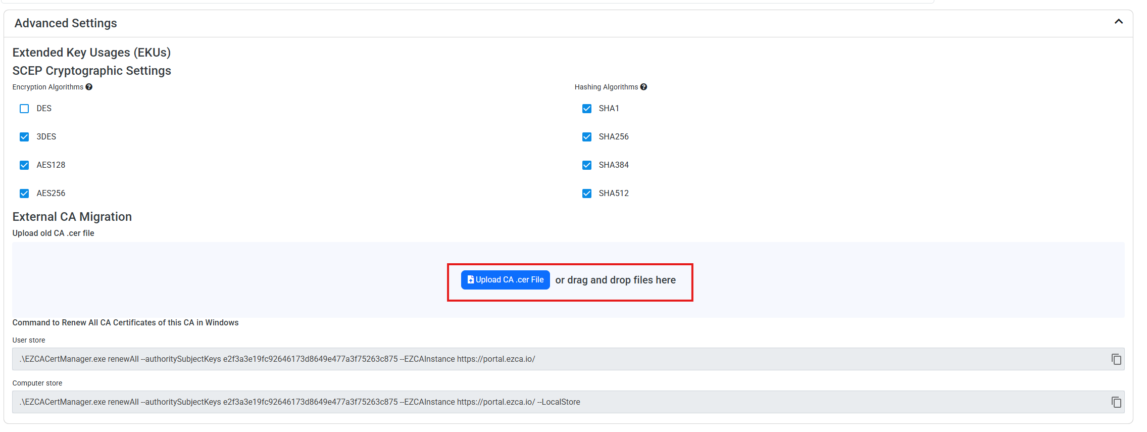 Cloud CA Advanced Settings card showing option to upload existing ADCS CA certificate