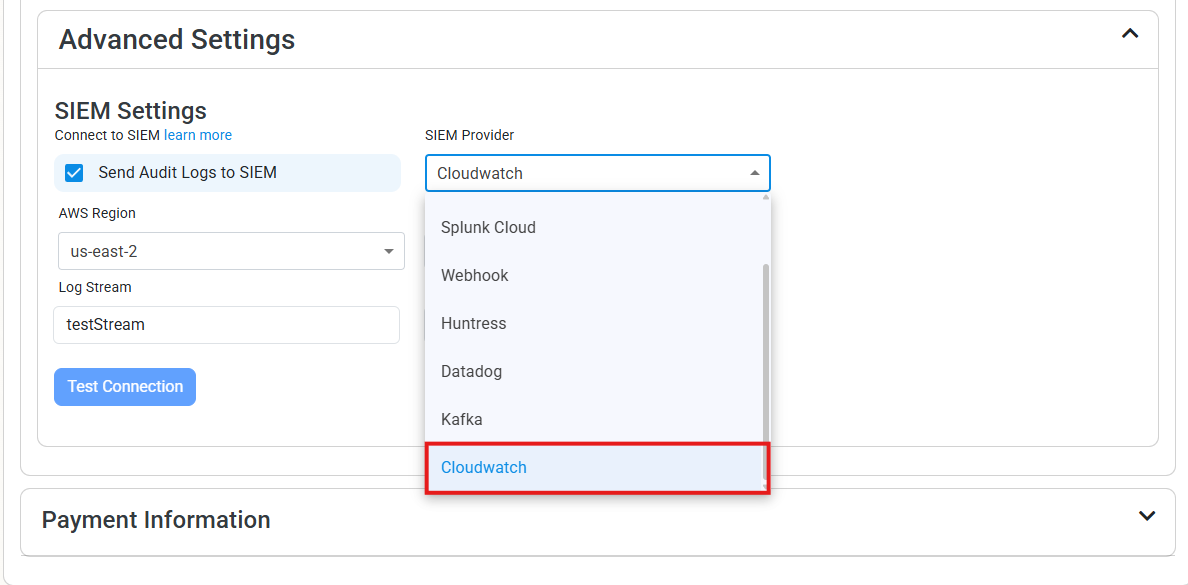 Set CloudWatch as the SIEM in EZCA