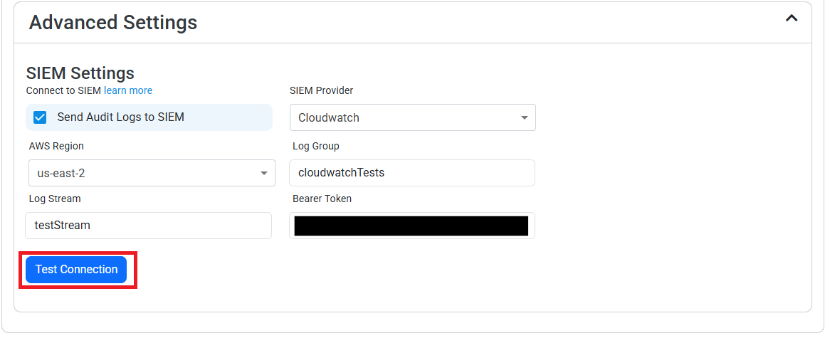 CloudWatch Paste Values and Test Connection