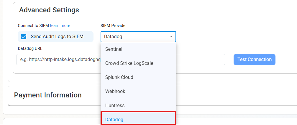 Set Datadog as the SIEM in EZCA