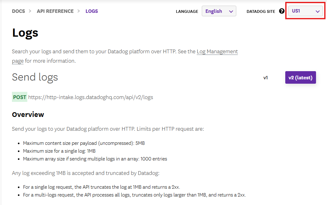 Getting HTTP endpoint from Datadog Docs