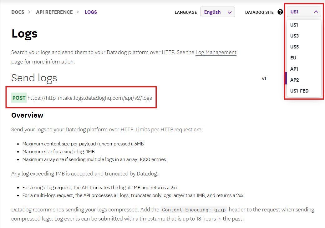 Finding HTTP endpoint from Datadog Docs