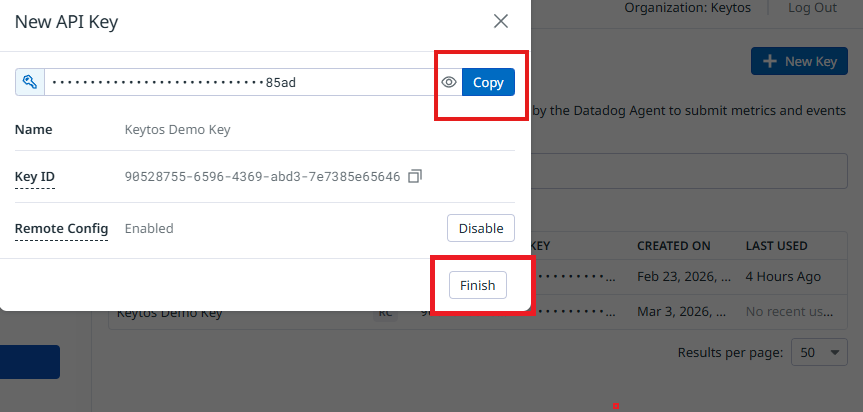 Datadog screen showing newly created API key ready to copy