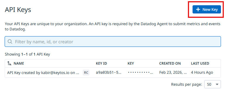 Datadog API keys page with + New Key button
