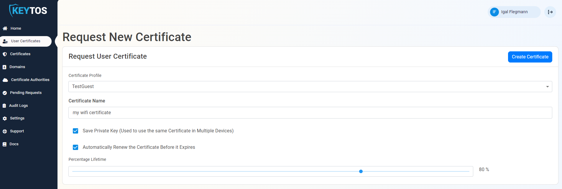 Create User Certificate for S/MIME with central key management