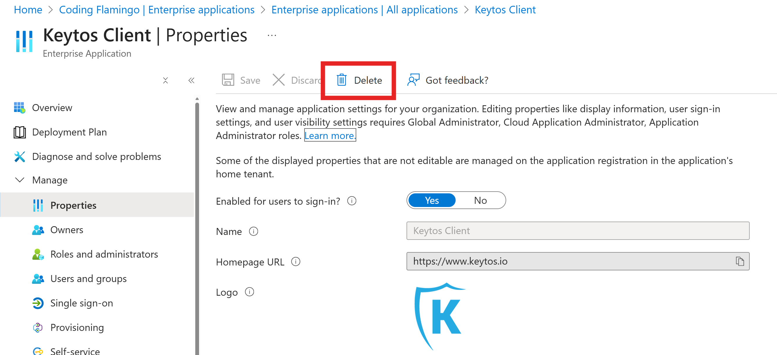 Delete Keytos Client Application in Azure Portal