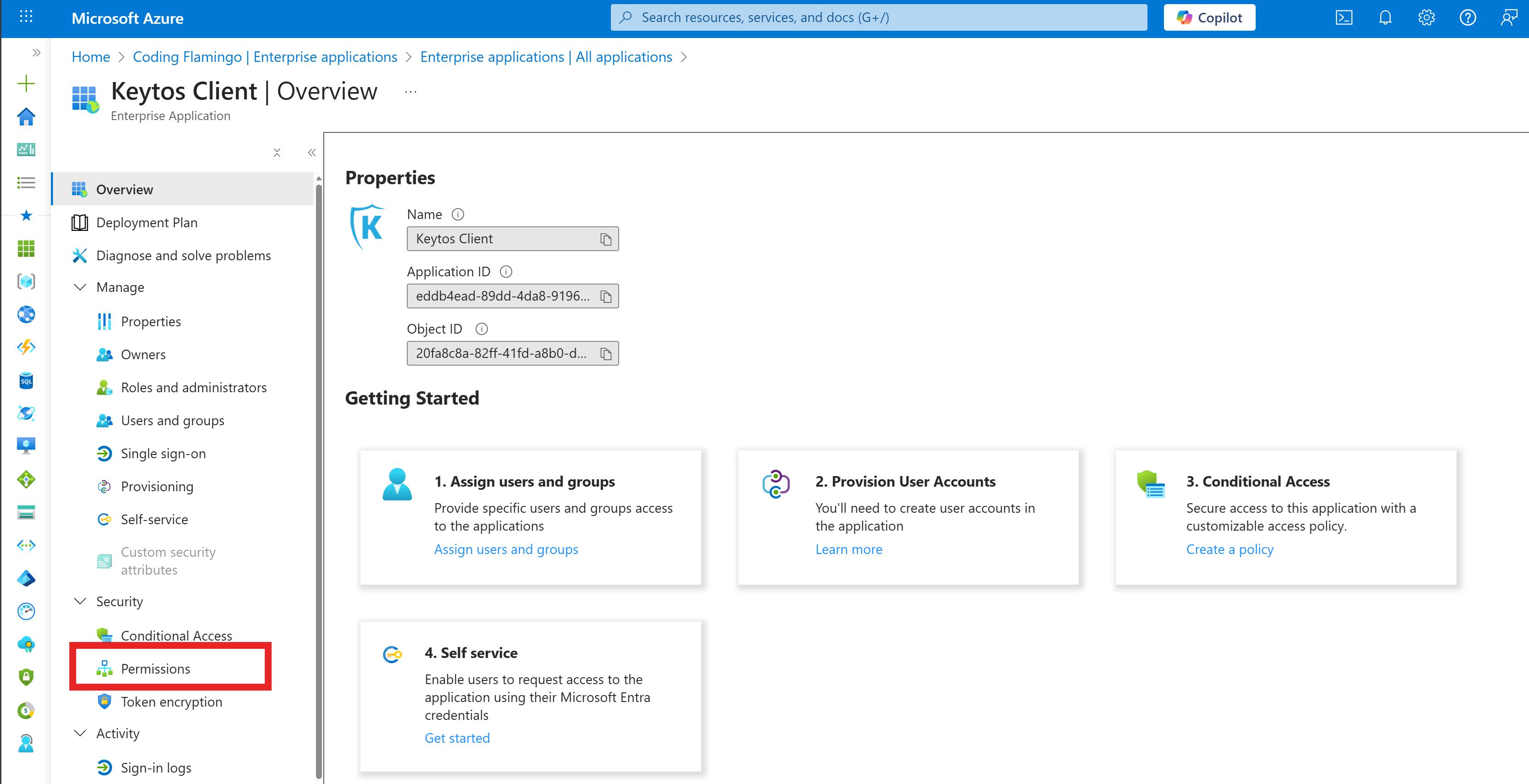 Keytos Client Application Permissions in Azure Portal