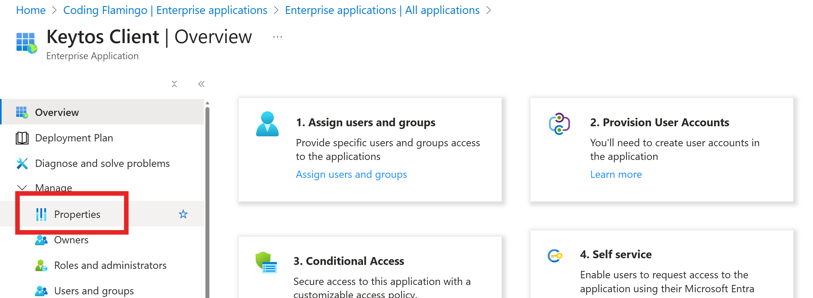 Keytos Client Application Properties in Azure Portal