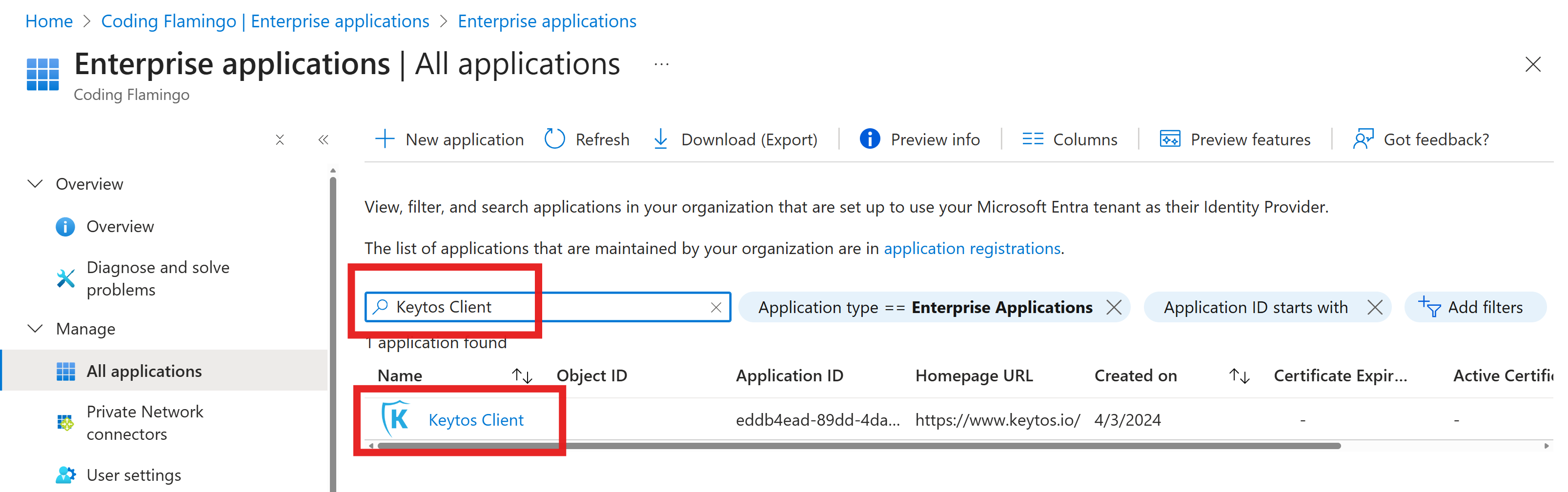 Keytos Client Application in Azure Portal