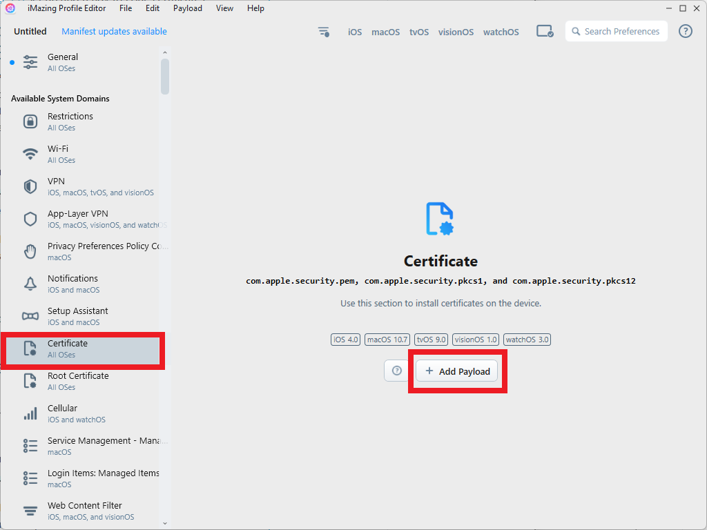 iMazing Profile Editor Certificates Section Add Payload for SCEP Profile